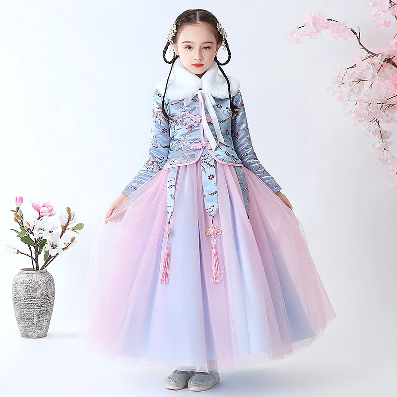 

Girl's Winter Dress Chinese Style Dress For wedding party Evening birthday Plush Warm Dresses the first dress vestidos de fiest