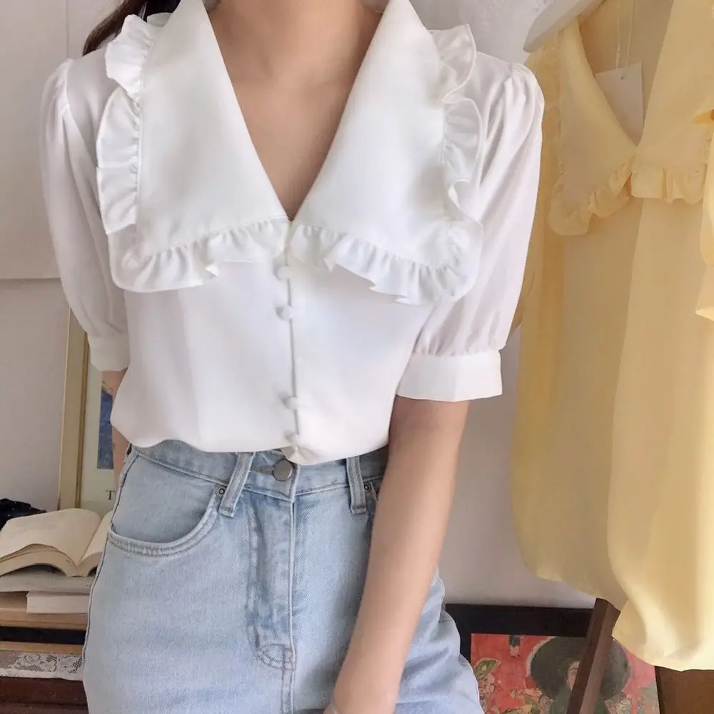 Korea Style Women Summer Yellow Sweet Chiffon Blouse Ruffle Peter Pan Collar Half Sleeve Shirt Casual Cardigan Top