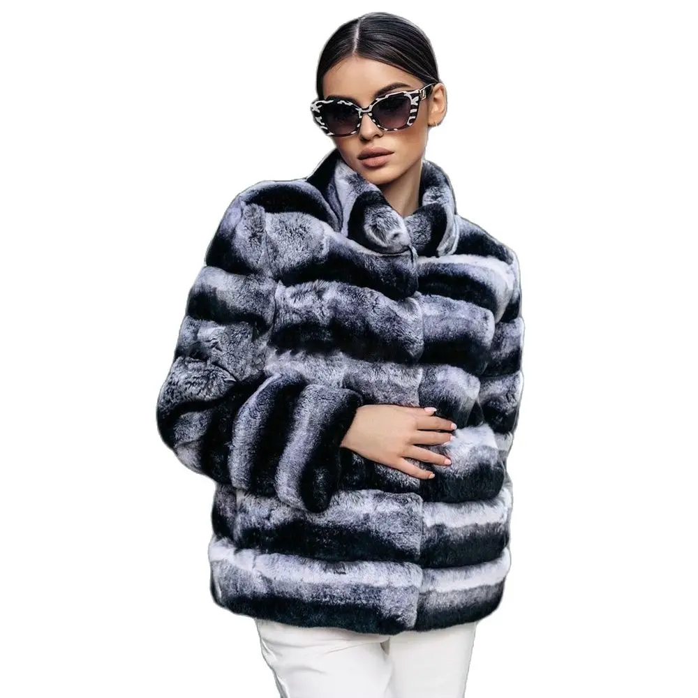 Winter Women Natural Rex Rabbit Fur Jacket Stand Collar New Whole Skin Genuine Rex Rabbit Fur Coat Outwear Thick Warm Woman