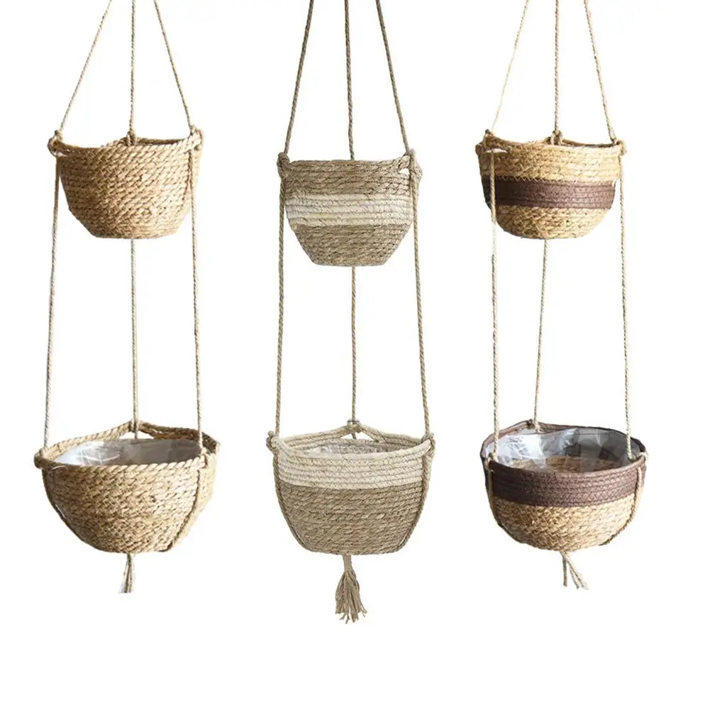 Natural Hand-woven 2 Tier Hanging Planter Basket Handmade Plant Hanger Decorative Hanging Planter Pot Holder For Home Decoration