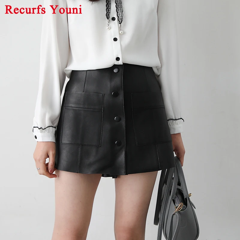 

Ladies Genuine Leather Skirt Shorts Women Loose Korean Culottes Jupe Femme Elastic Waist Hip Sexy Streetwear Shorts With Pocket