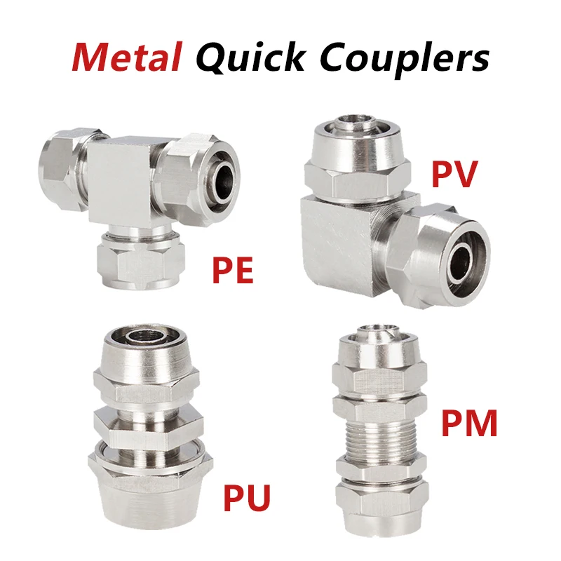 Metal Pneumatic Fitting Pipe Connector Tube Air Quick Fittings Water Push In Hose Couping 4mm 6mm 8mm 10mm 12mm 14mm PU PV PE