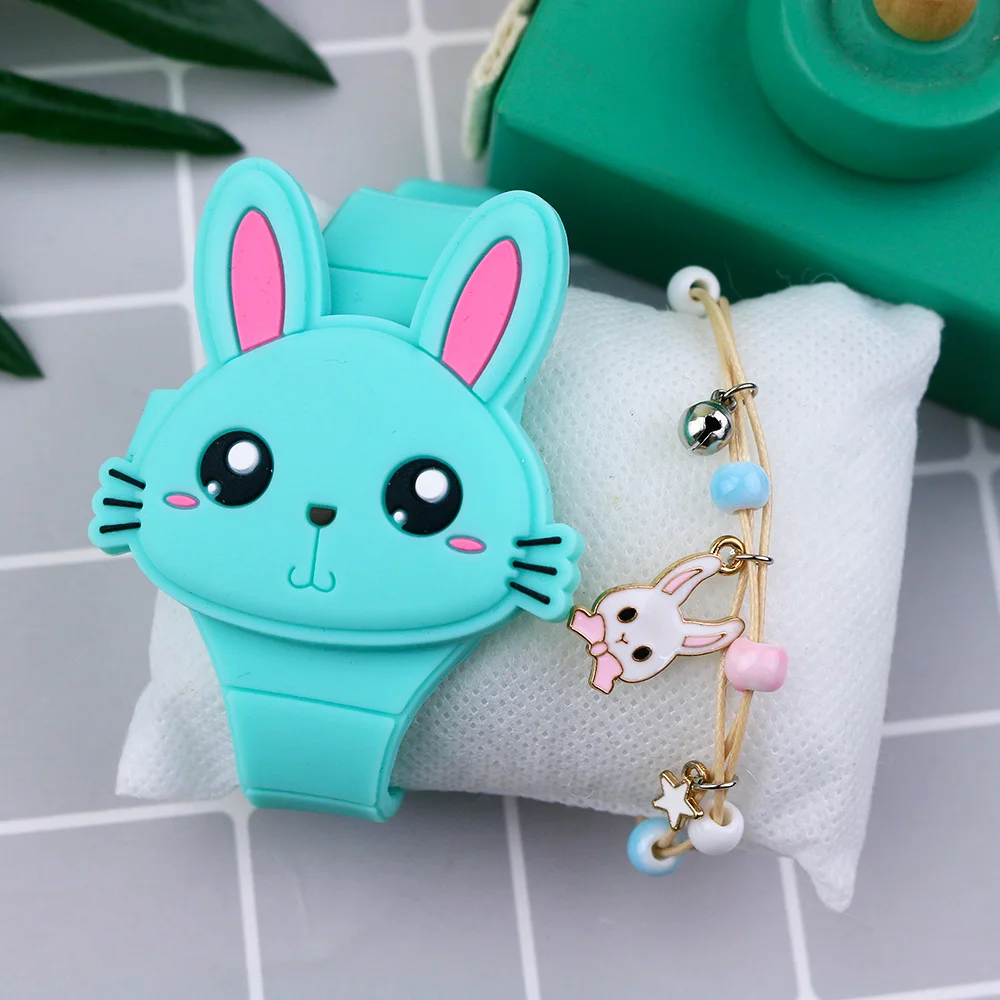 LED dessin animé lapin enfants montres avec Bratelet beau lapin électronique filles enfants montre dames Flip couverture étudiants horloge