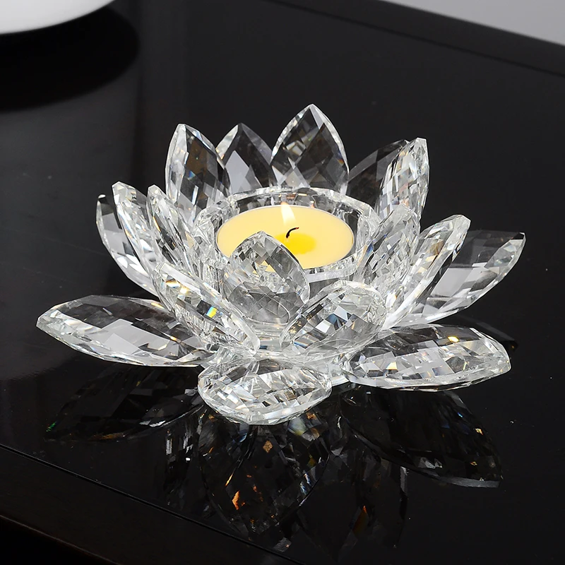 1 PC Stunning Home Ornament Gem Cuting Crystal Glass Lotus Shape Flower Tea Light Candle Holder Buddhist Feng Shui Decoration