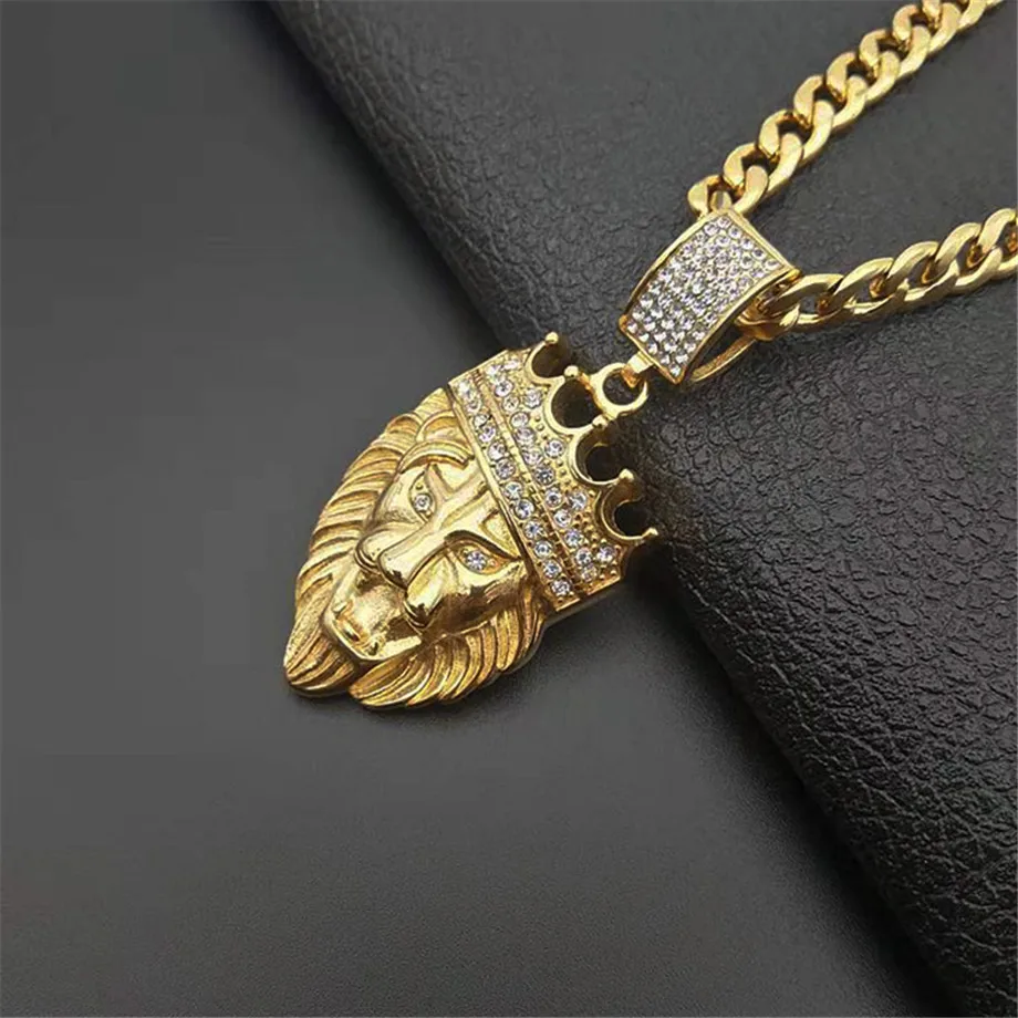 Hip Hop Full Iced Out Bling Lion Rhinestone Stainless Steel Cuban Chain Gold Color Pendants & Necklaces For Men Jewelry Dropship