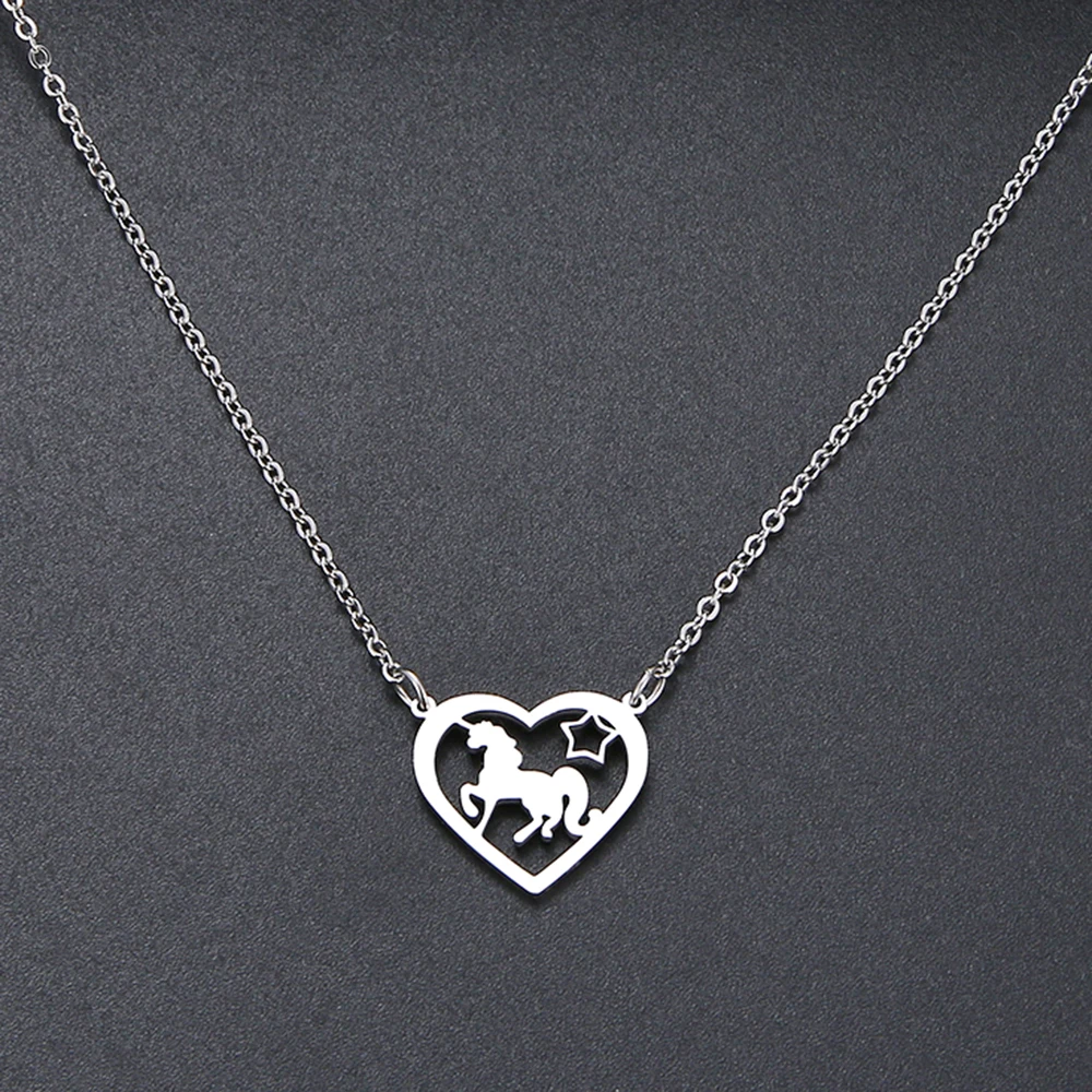 New fashion Love Heart Unicorn Necklace Exquisite Hollow Pendant Necklaces Popular Chain Collares Gifts Stainless Steel Jewelry