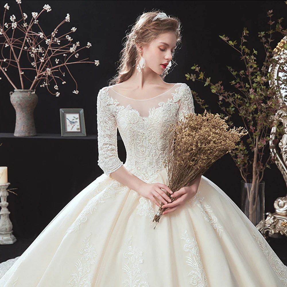 strapless open back dress High Neck Long Sleeves Tulle Princess Wedding Dress Lace Edge – alinanova main image 1
