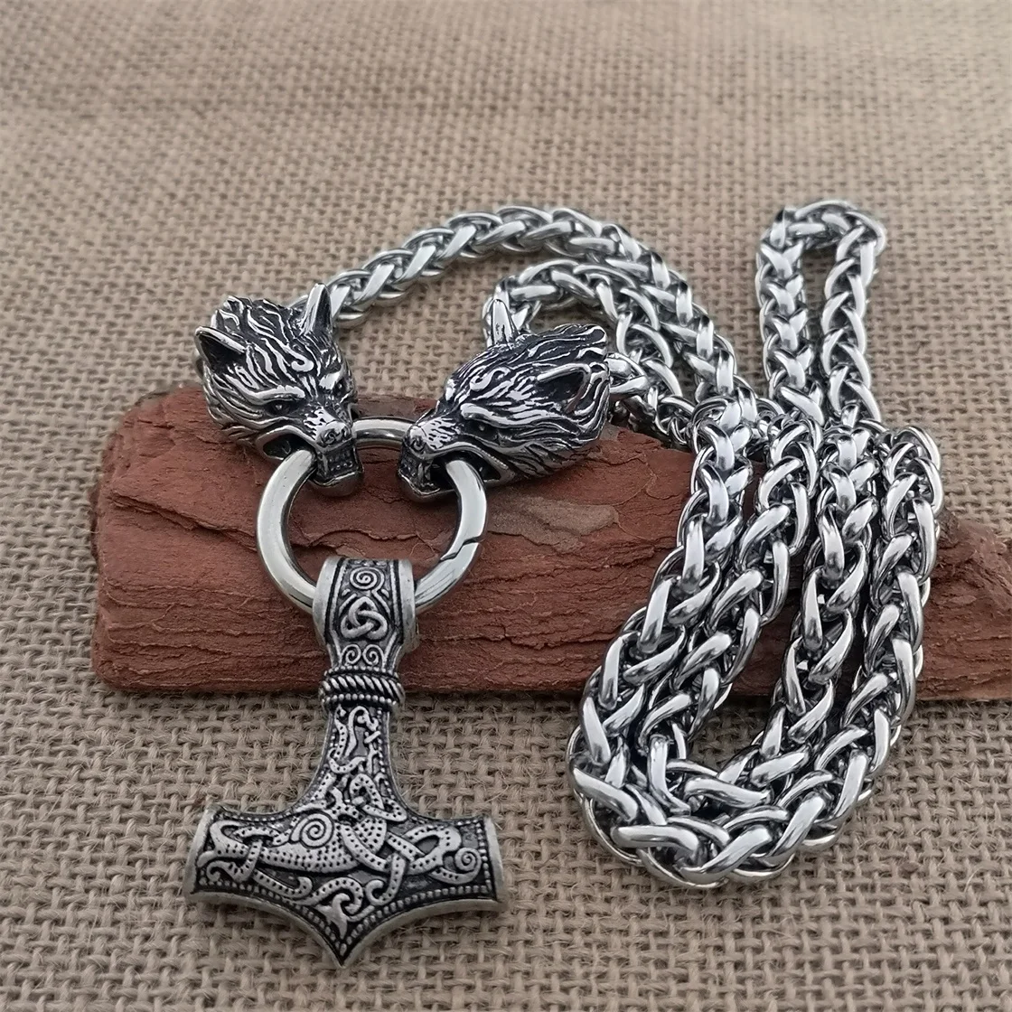 

Nordic Viking Thor hammer pendant necklace stainless steel wolf head chain domineering men necklace jewelry