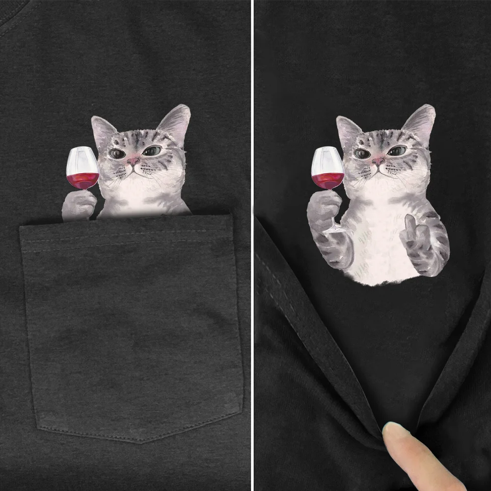 CLOOCL T-Shirt Fashion Summer Cat Wine Pocket T-shirt 3D Printed Men for Women Shirts Tops Funny Cotton Black Tees