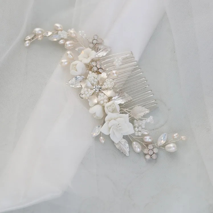 

White Porcelain Flower Wedding Comb Hair Piece Pearls Bridal Jewelry Handmade Women Headpiece Hair Ornament