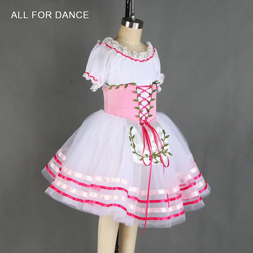 20529 สีขาวชีฟองแขนสั้นโรแมนติก Tutu กระโปรงผ้ากันเปื้อนขนาดเล็กสาว Ballerina Dance เครื่องแต่งกายบัลเล่ต์ Tutu ชุด Leotard