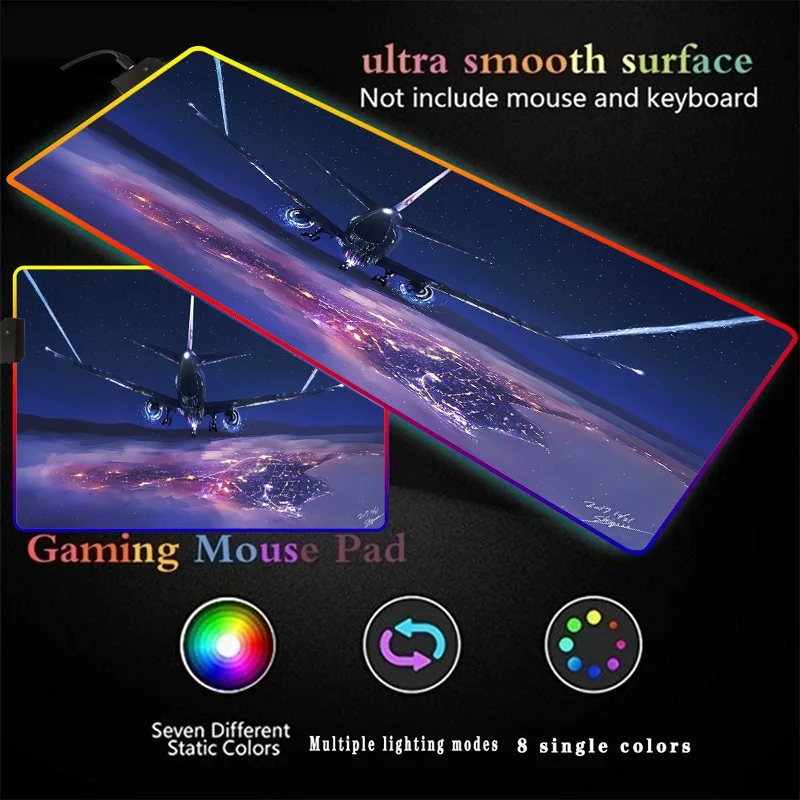 Airplane City Cloud Sky RGB Mouse Pads Demon Slayer Colorful Glowing Desktop Pad Durable Anti-slip Smooth  Mice Keyboard Pad