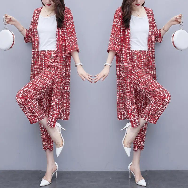 2024 Summer New \\Women Korean Fashion 3 Pcs Set White Base Top /cardigan Shirt + Nine-point Pants Three-piece Suits M-4XL Y668