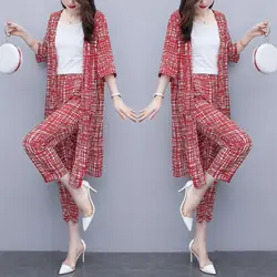 2024 Summer New \Women Korean Fashion 3 Pcs Set White Base Top /cardigan Shirt + Nine-point Pants Three-piece Suits M-4XL Y668