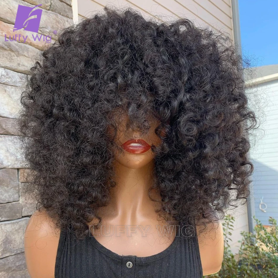 

Loose Curly Wig With Bangs O Scalp Top Full Machine Made Human Hair Wigs Remy Indian Curly Wig For Women 16" 200Density Luffywig