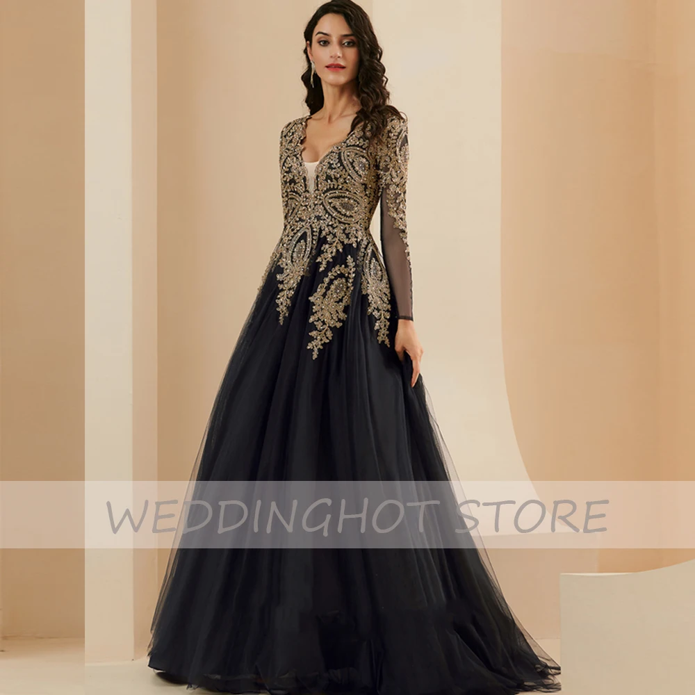 Preto tule vestidos de noite longo 2021 a linha árabe com decote em v manga longa karakou vestidos de festa de formatura vestidos de chão-comprimento robes de soirée