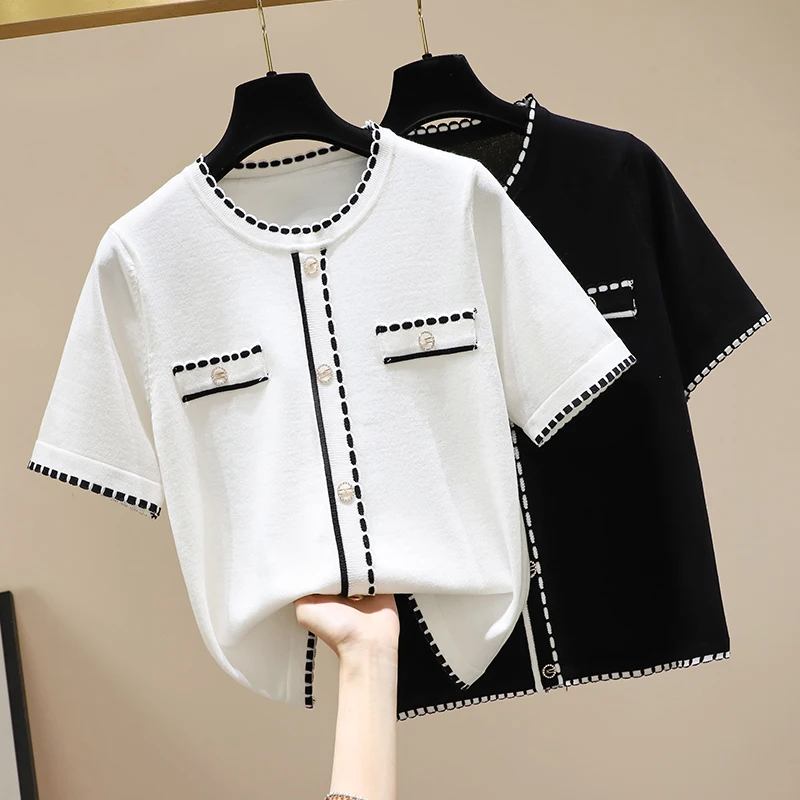 2022 summer o-neck knit white short-sleeved t-shirt women\'s thin button loose Oversized  sweater pullover inner bottoming shirt