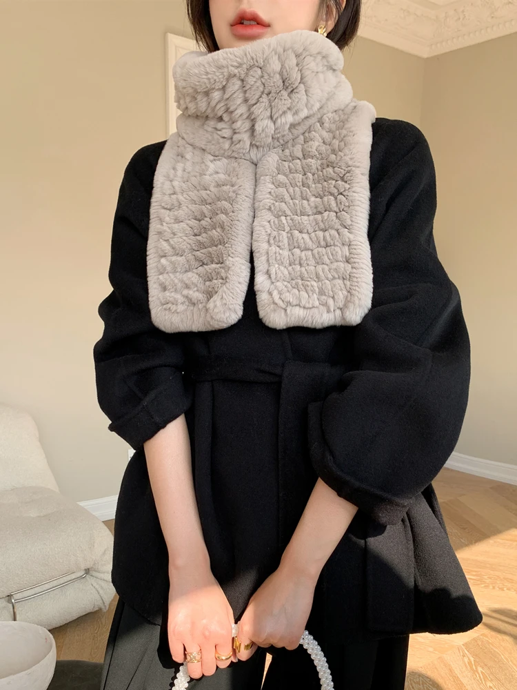 

Long New Soft Real Rex Rabbit Fur Scarf Ladies Winter Warm Knitted Scrochet Fashion Wraps For Women