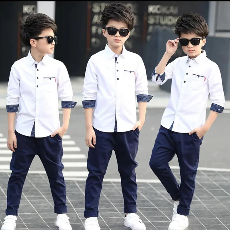 Kids White Striped Shirts For Teenager Boys Long Sleeve School Formal Birthday Blouse Shirts Tops Children Baby Clothes 6-14 Y