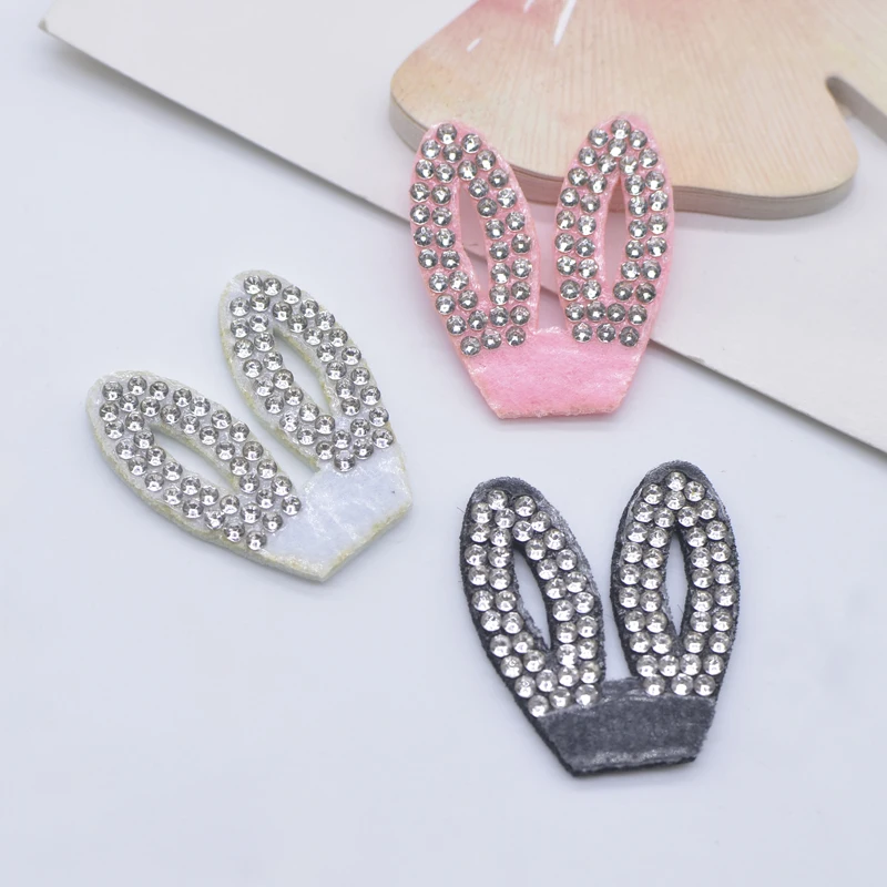 30Pcs 27*30mm Padded Colorful Rhinestone Rabbit Ear Patches for DIY Clothes Hat Headwear Hair Clips Decor Appliques Accessories