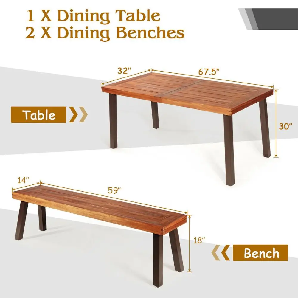 3 Pieces Picnic Table Set Acacia Wood Table Bench with Steel Legs Outdoor Patio HW66353+HW66354