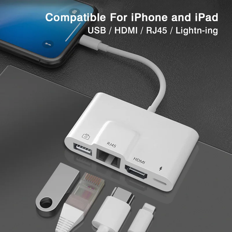 For Lightning To Ethernet OTG Digital  AV Adapter For iPhone iPad iOS13 With USB Mouse Camera HDMI RJ45 Charging Port Converter