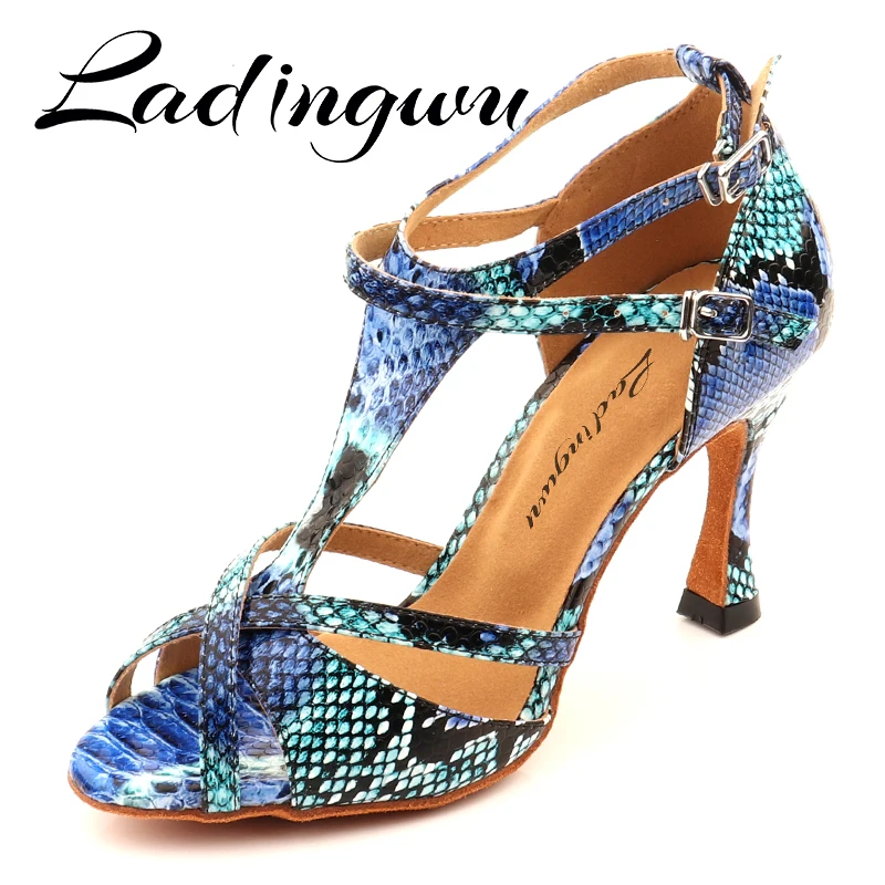 Ladingwu Dance Shoes Latin Women Salsa Dance Shoes Blue Snake Pattern Girls Party Performance Professional Dance Shoes Ballroom