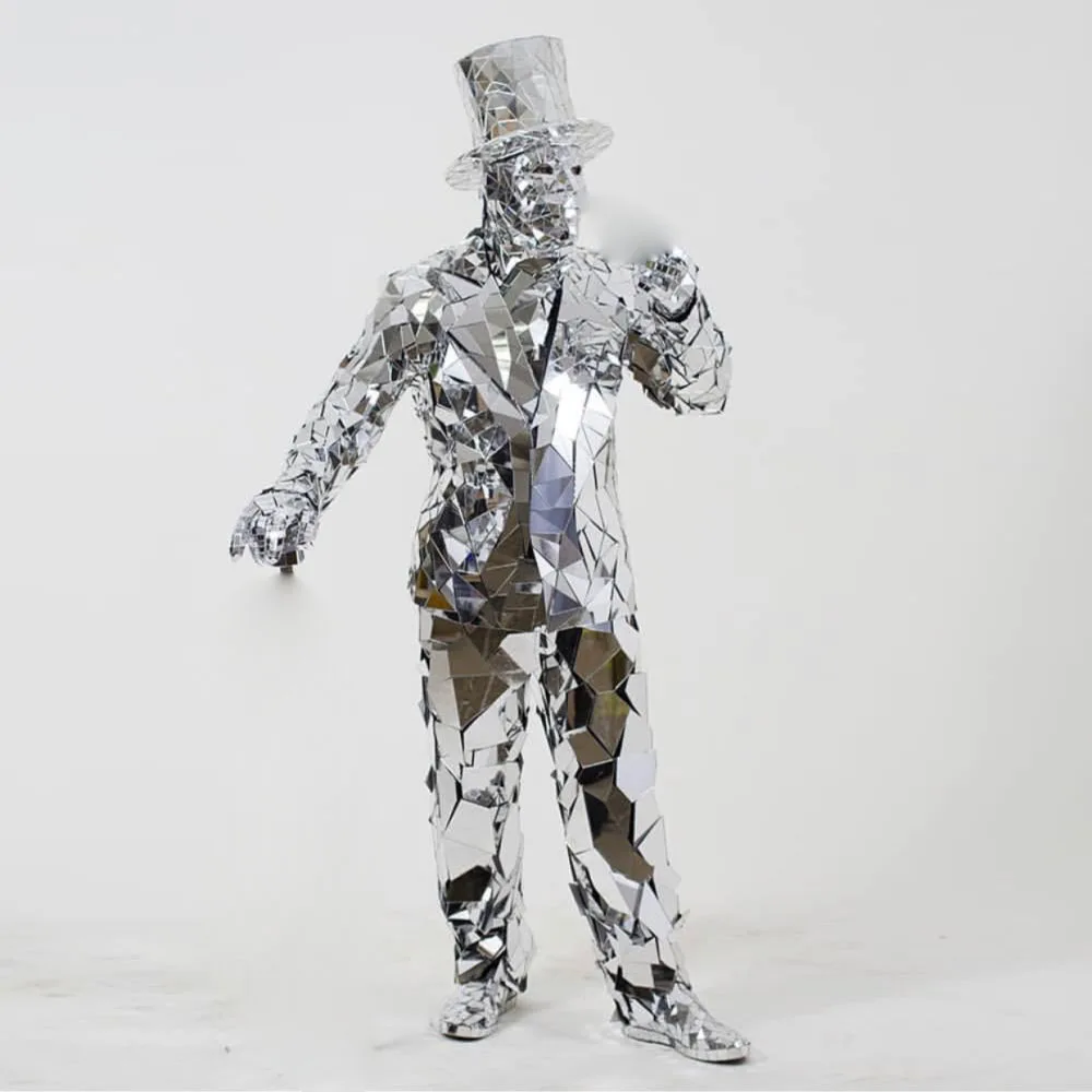 Men silver mirror costume stage show robot dance suits party halloween laser dance mirrors costumes