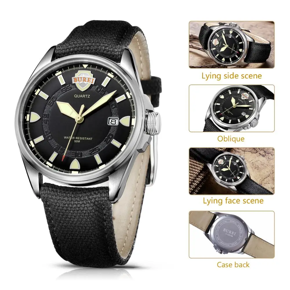 BUREI Mens Watches Fashion Casual Black Quartz Watch Men Unique Dial Sport Military Waterproof Male Clock Relogio Masculino