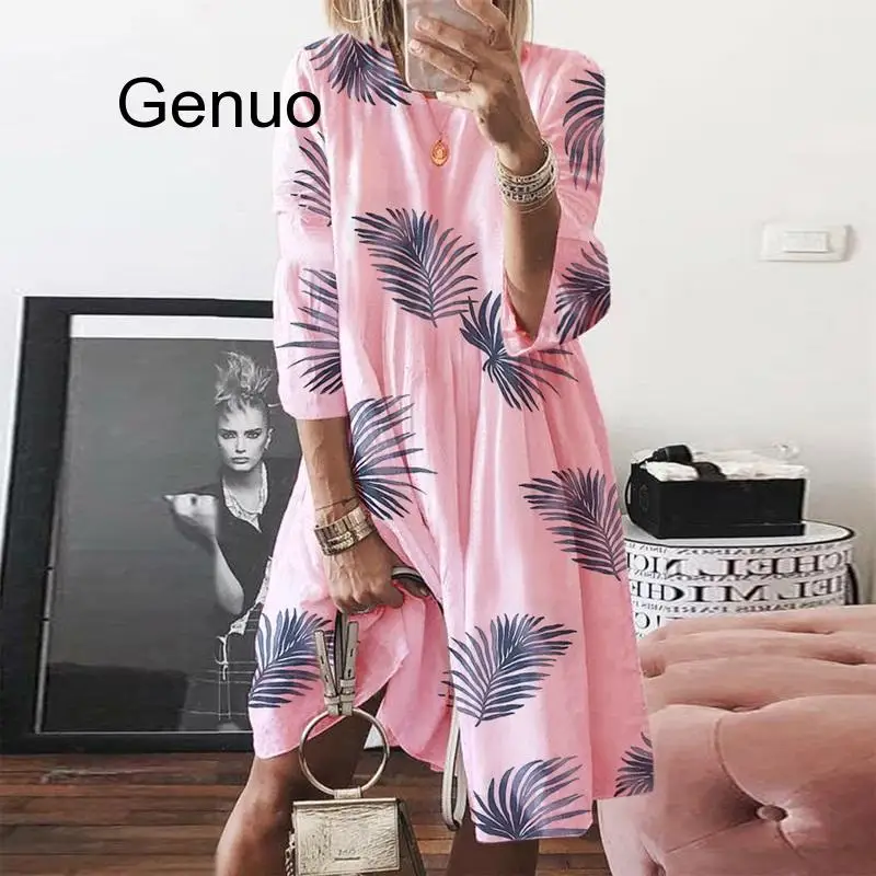 Butterfly Leaf Print Beach Dress Seven Sleeve Women Autumn Elegant Casual O Neck Knee-length Boho Dress Summer Loose Dresses 5XL