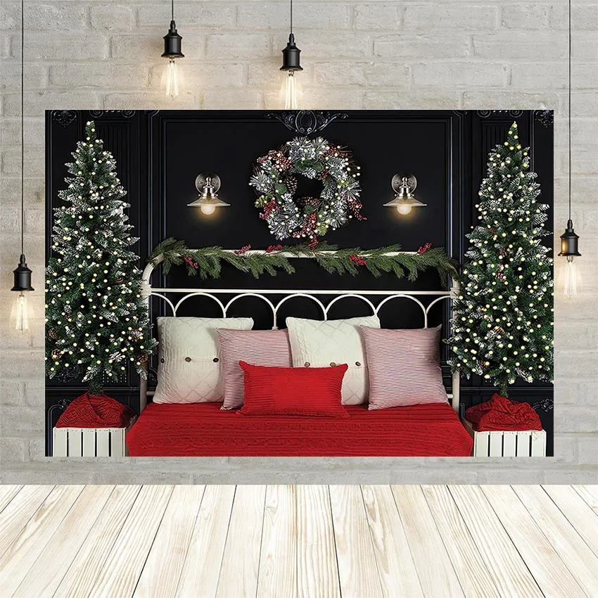 Avezano Christmas Tree Photography Background Black Wall White Bedhead Red Carpet Baby Portrait Backdrop Photocall Decoration