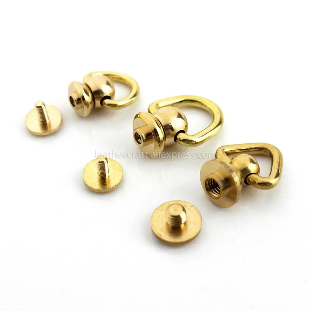 10Pcs Brass Ball Post Studs Rivet with D ring Screwback Round Head Nail Spots Swivel 360 Rotate Head Spikes Leather Craft DIY