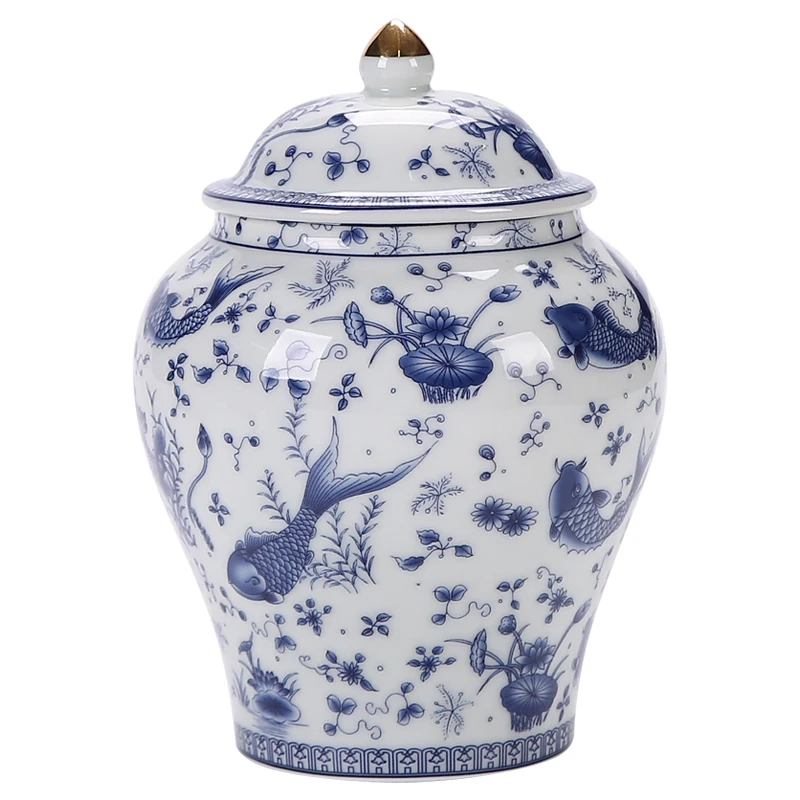 Antique Blue and White Porcelain Sealed Tea Caddy Desktop Decoration Bottle Box Fish Pattern Ceramic Storage Jar Candy Nut Jar