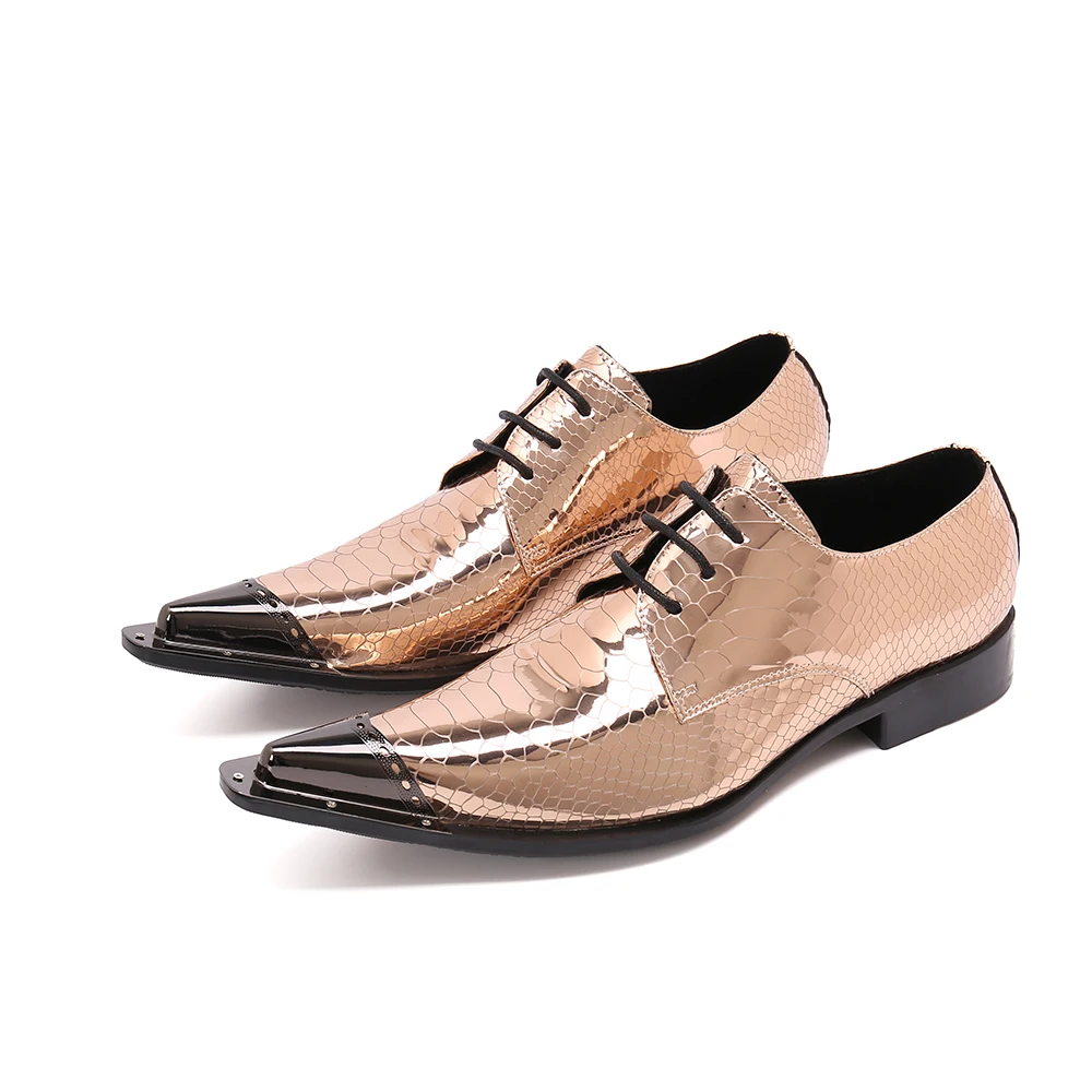 Shoes for Men Snake Skin Shiny Gold Genuine Leather Wedding Derby Shoes Classic Steel To Men's Oxford Gentleman Sapato Social