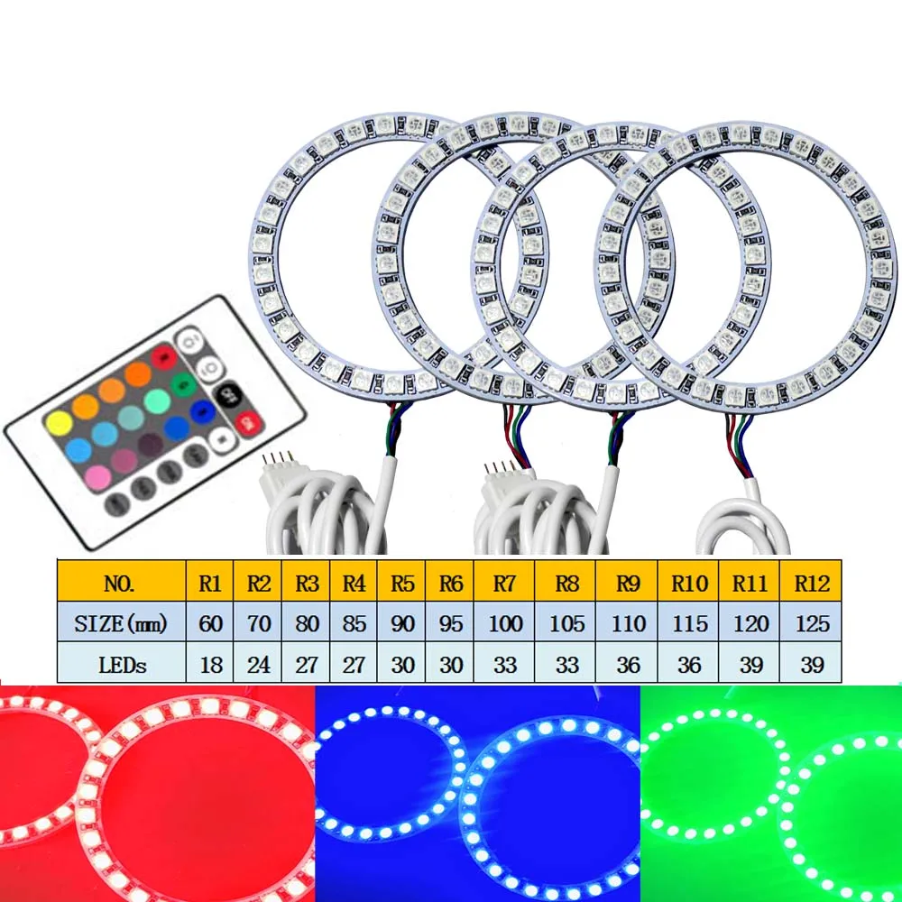 

4pcs 60mm 70 80 90100 LED Angel Eye Halo Kit RGB Colorful Multicolor Infrared Remote Control Suitable for Car