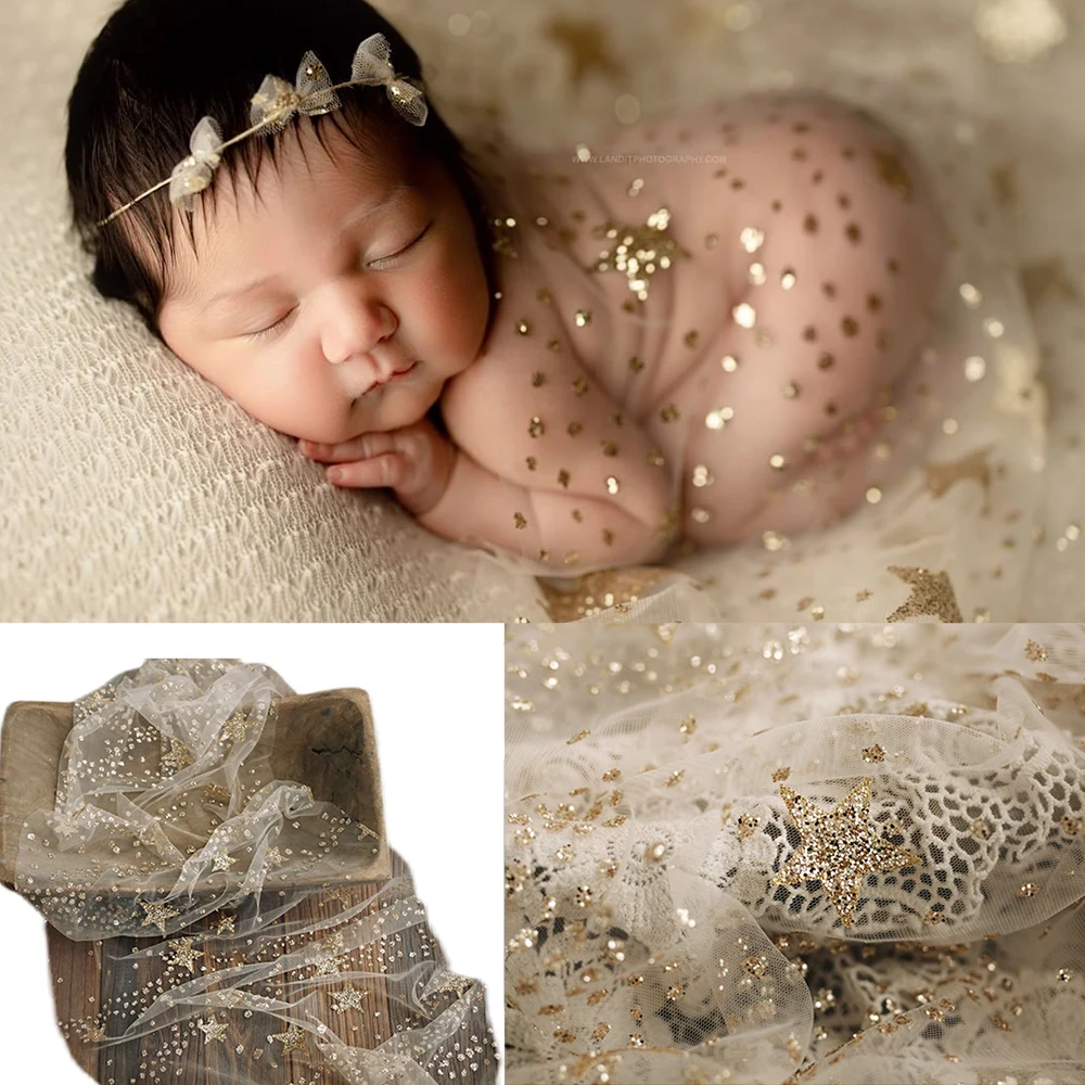 Newborn Photography Props Baby Lace Wrap for Photo Shoot Bling Star Lace Photo Backdrop Background Clothes Studio Accessories