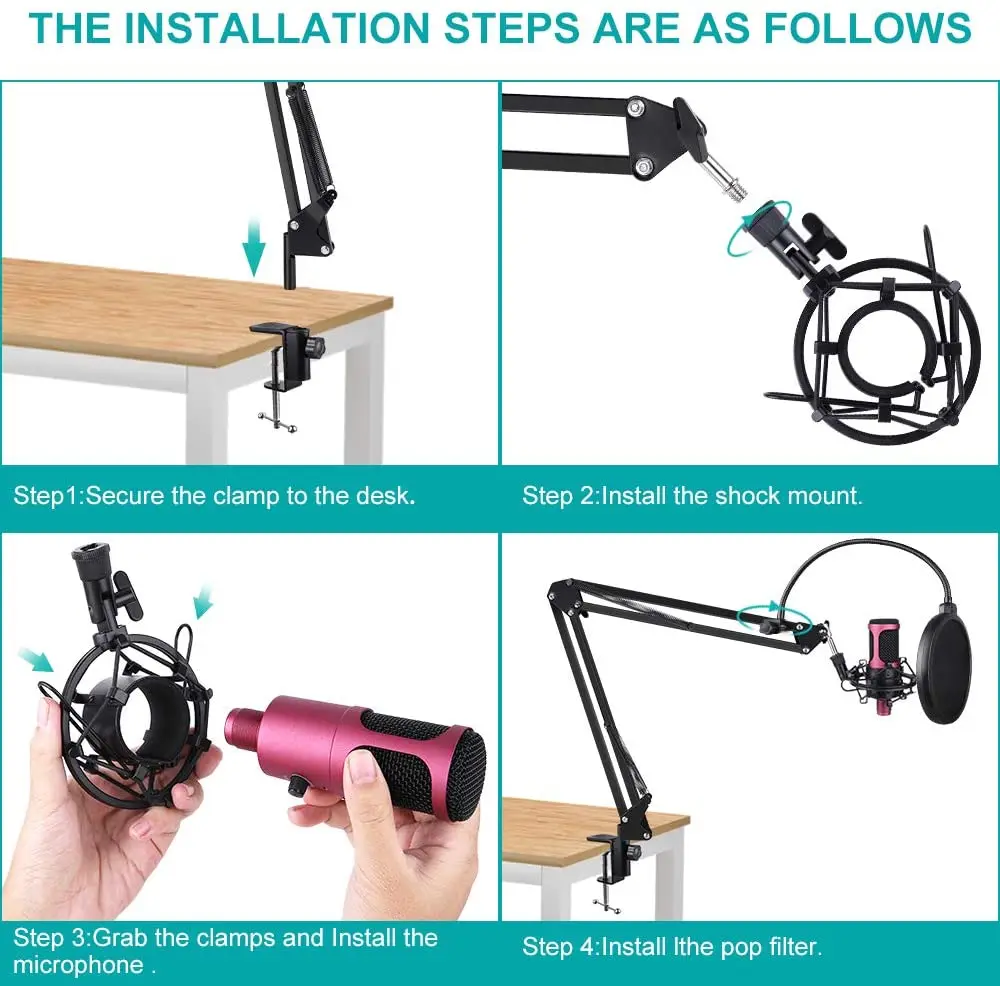 Microphone Stand Adjustable Suspension Boom Scissor Arm Stand with Filter, Microphones Stands Extension Arm 3/8