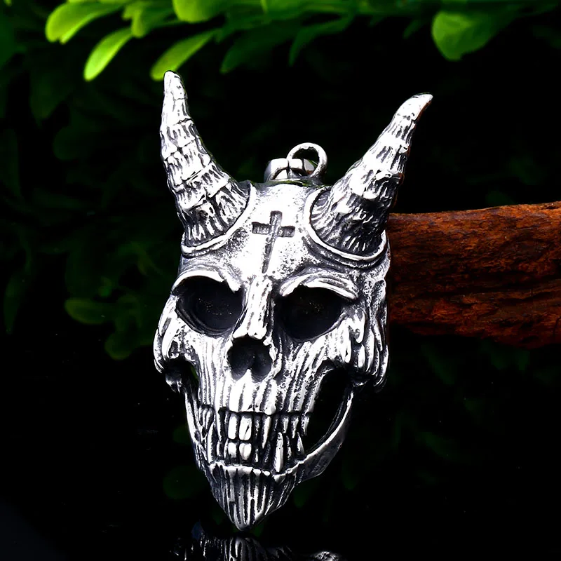 BEIER Gothic Satanic Devil Cross Stainless Steel Skull Pendant With cross Necklace Biker Style Jewelry for man BP8-551