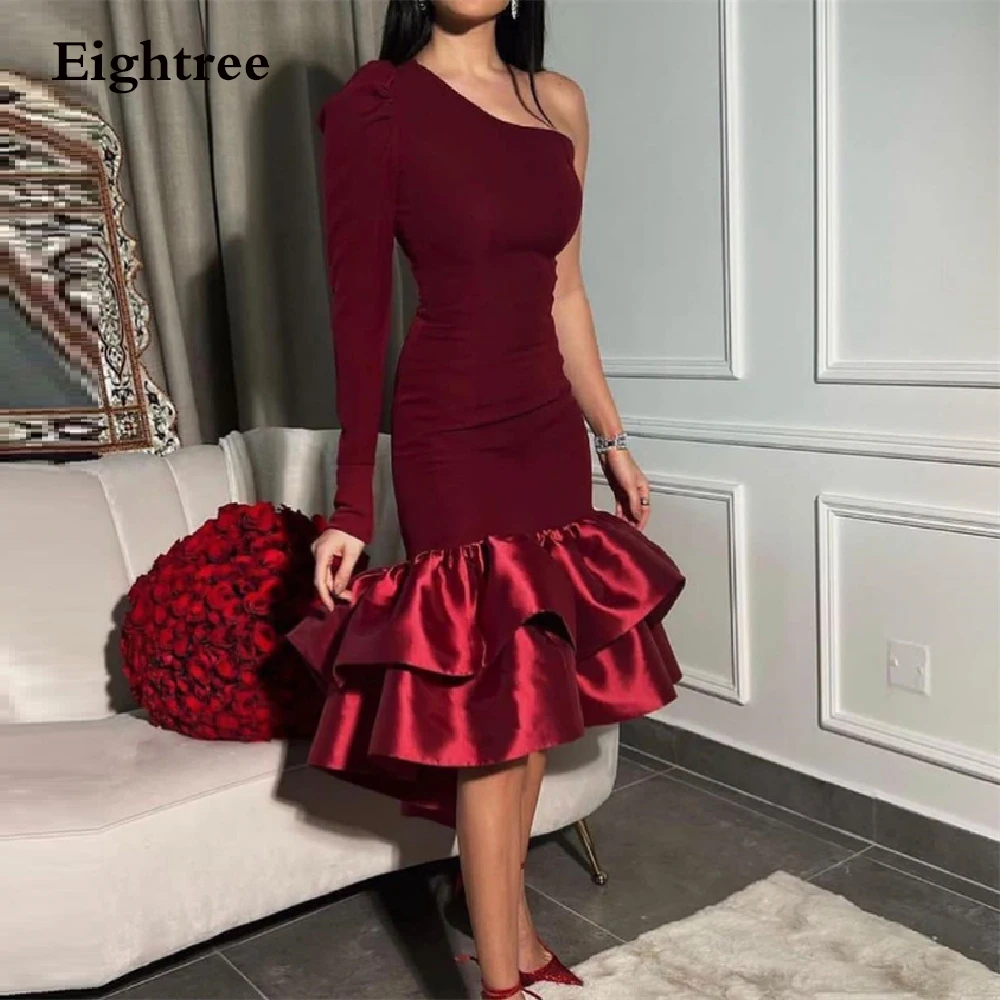 

Eightree Wine Red One Sleeve Saudi Arabia Short Evening Dress Soft Satin Dubia Custom Formal Night Party Gowns Dress Vestidos