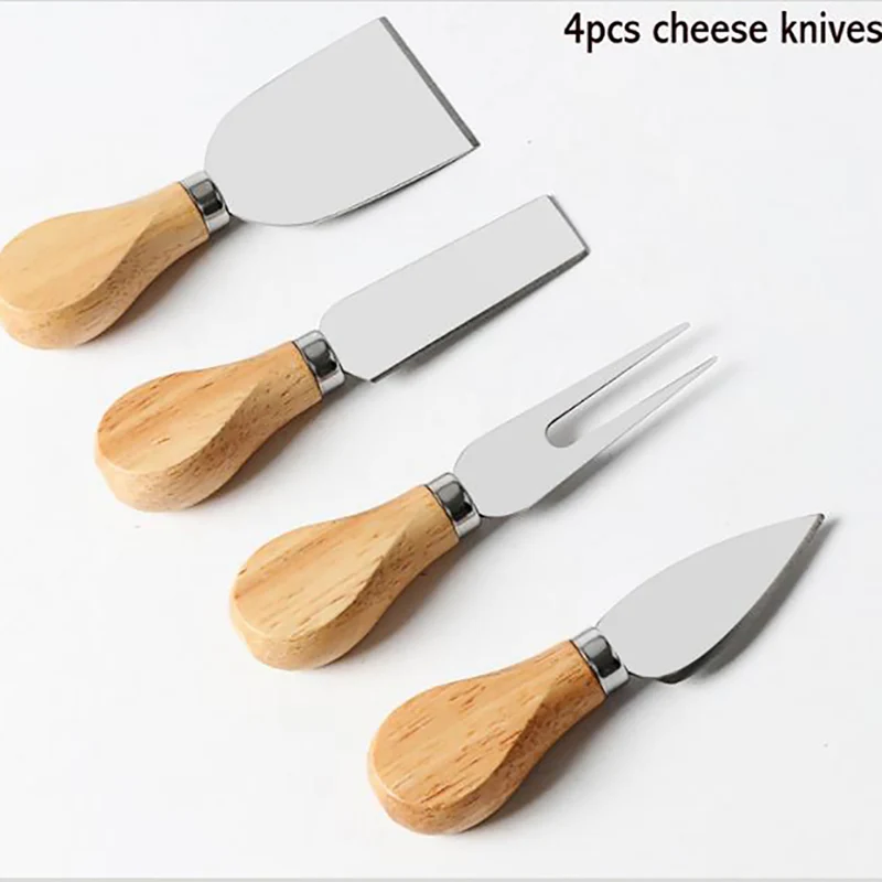 4 Cheese Knives Set Cheese Cutlery Steel Stainless Cheese Slicer Cutter Wood Handle Mini Knife,Butter Knife,Spatula& ForK