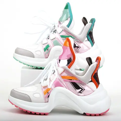 2024 Hugely Popular Platform Sneakers Women Chunky Sneakers Luxury Brand Neon Yellow Casual Shoes Women Leather Flat Shoes Women