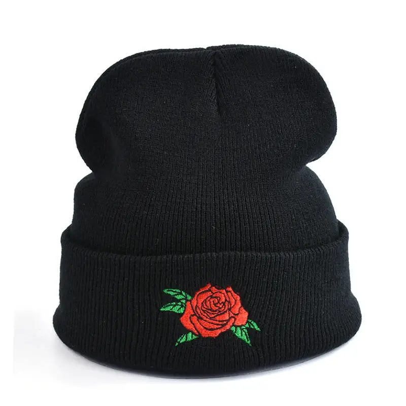 

2021 Men Women Winter Beanies Hats Rose Flower Embroidered Lovers Hat Elastic Acrylic High Quality winter hat