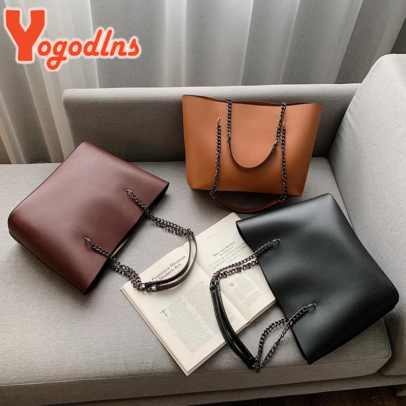 Yogodlns Luxury PU Leather Tote Bag For Women New Chains Shoulder Bag Large Capacity Handbag Travel Female Handle Bag bolso