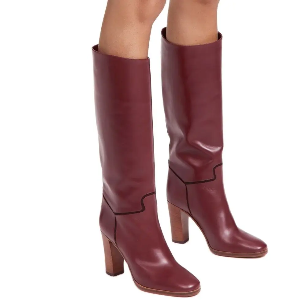 Burgundy Leather Knee High Boots Block High Heel Round Toe Slip On Runway Dress Women Shoes Square Heel Custom Made Shoes