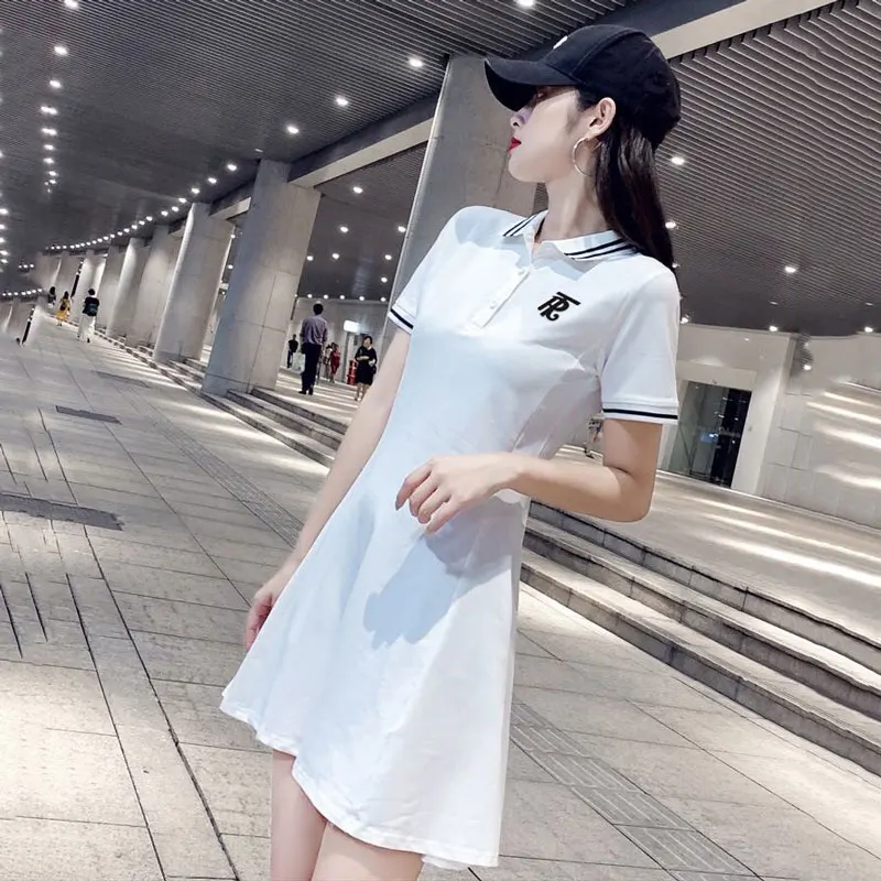 Women Polo T-shirt Dress Striped Short Sleeve Summer Elegant Embroidery Tennis Dresses Female Casual Preppy Style A Line Dresses