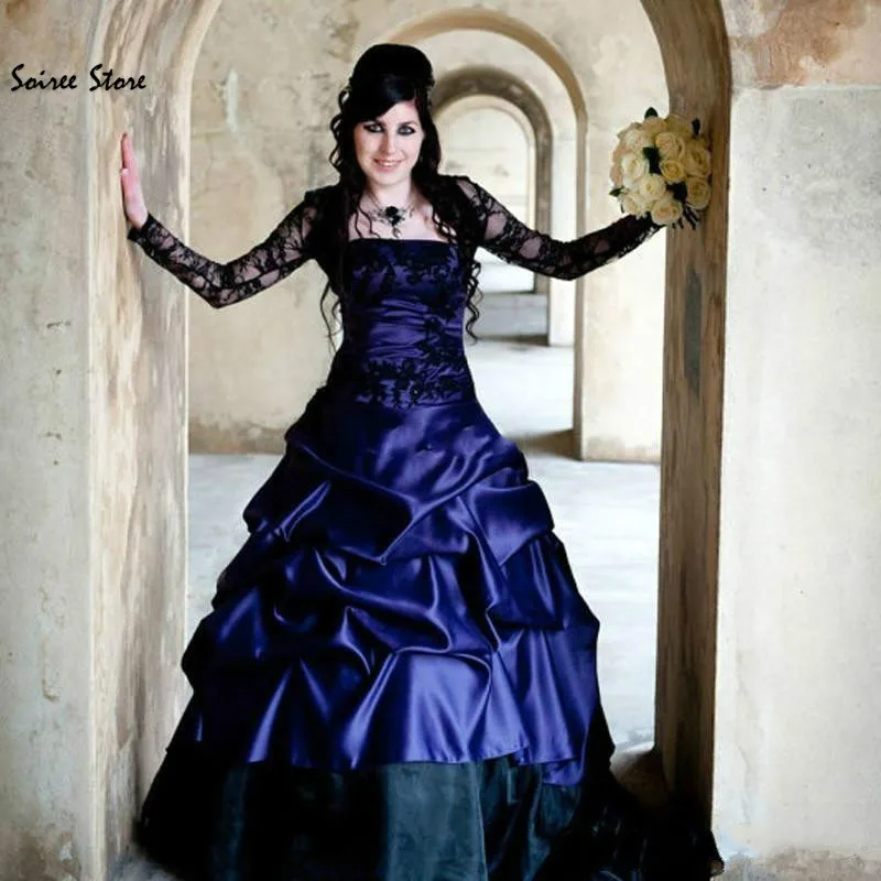 Victorian Purple And Black Gothic Wedding Dresses Strapless Taffeta Royal Castle Medieval Bridal Dress Country Bride Customized