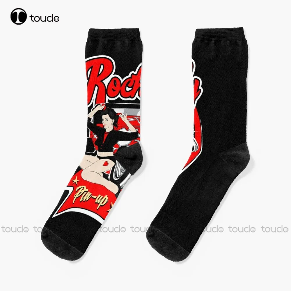 Pin Up Girl Rockabilly Music Hot Rod Sock Hop Rocker Vintage Classic Rock And Roll Socks Black Socks Women Christmas Gift Custom