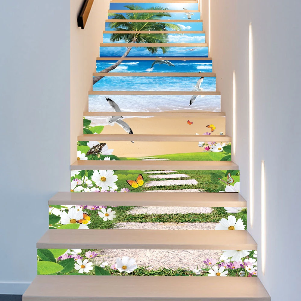 

Seagull On Coconut Beach Staircase Sticker For To The Second Floor House Decorative Art Wall Decals Peel & Stick Vinly Wallpaper