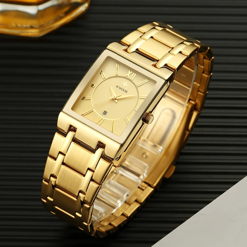 WWOOR Gold Men Watch Top Brand Luxury Quartz Stainless Steel Waterproof Mens Watches Square Date Watch for Men Relogio Masculino