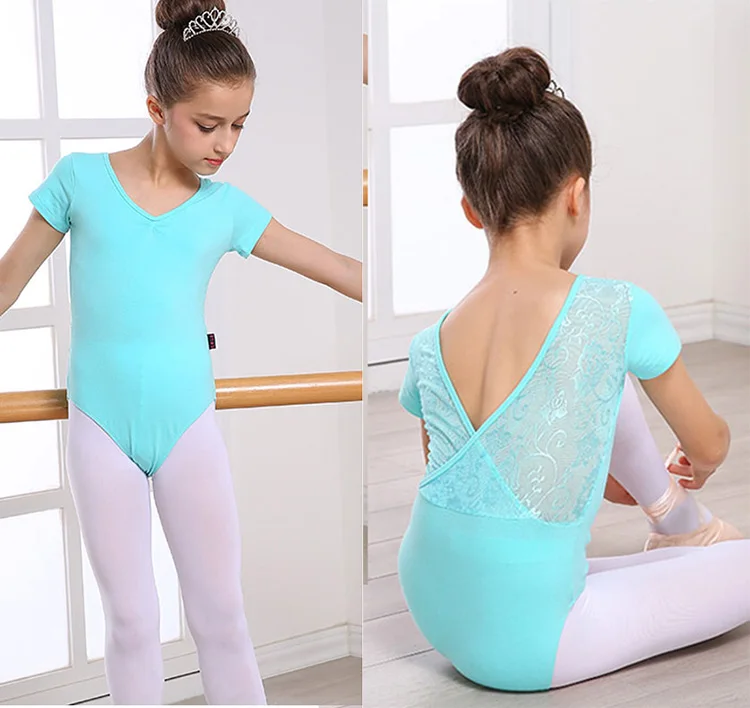 Vestido de malha de balé feminino, roupa de malha com renda para prática de balé e dança infantil, de manga curta